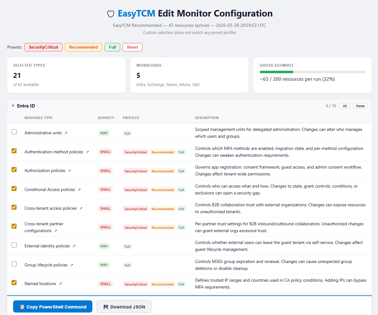 Edit-TCMMonitor interactive HTML editor with checkboxes, presets, and quota estimate