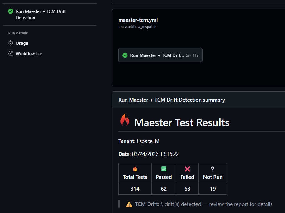 GitHub Actions job summary showing Maester Test Results with drift count