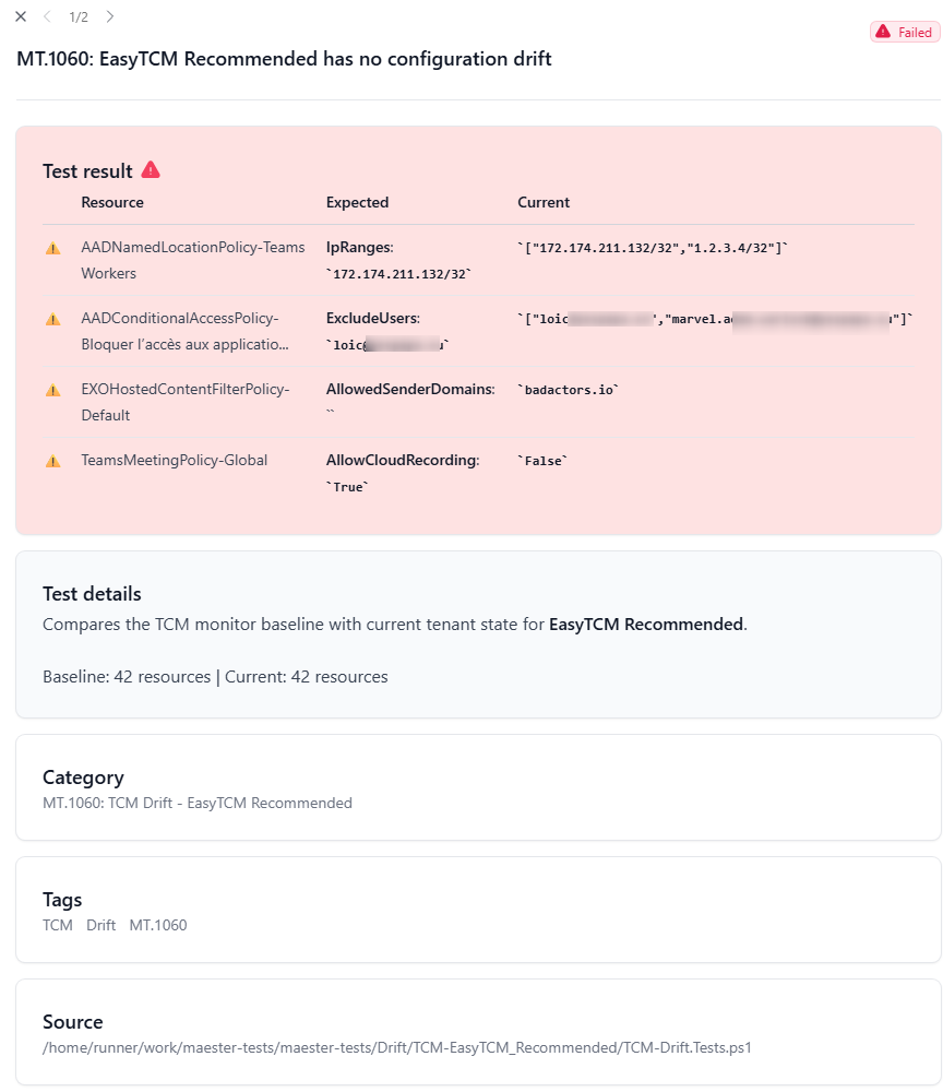 Maester report showing 4 drifted properties across Entra, Exchange, and Teams